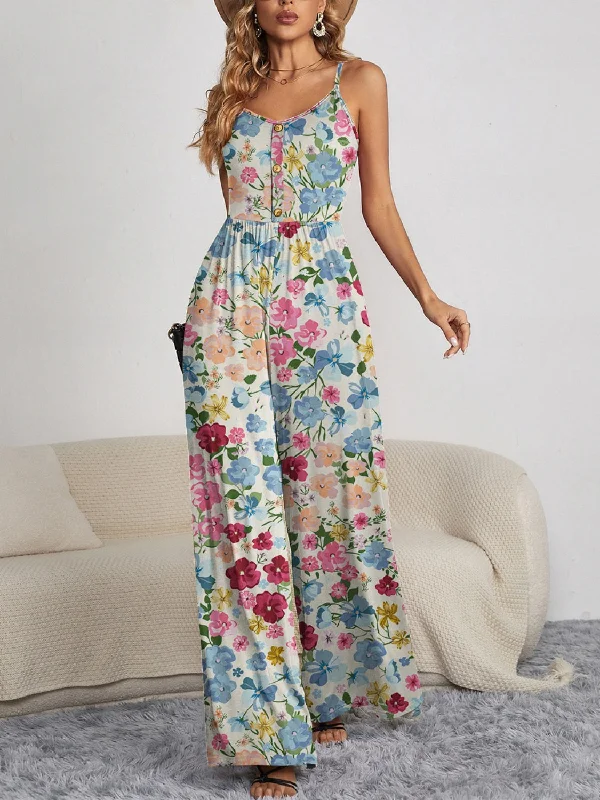 Decorative Button Spaghetti Strap Wide Leg Jumpsuit Fitted jumpsuit, Sleek design, Casual, Stylish