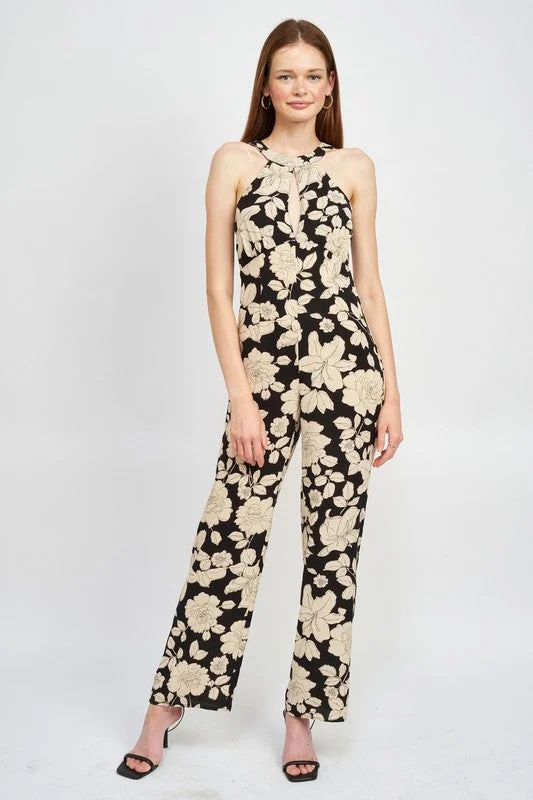 Floral Halterneck Jumpsuit With Open Back Ruffle jumpsuit, Feminine, Trendy, Party attire Floral Halterneck Jumpsuit With Open Back Ruffle jumpsuit, Feminine, Trendy, Party attire