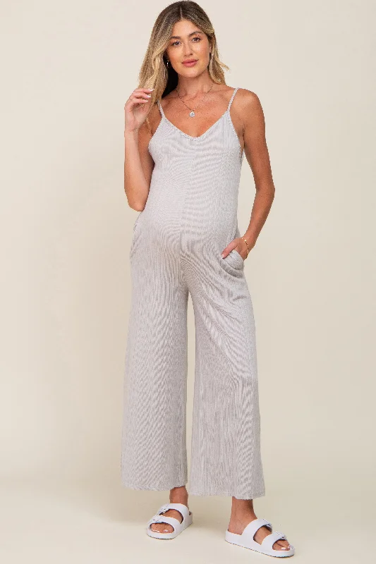 Grey Rib Knit Wide Leg Maternity Jumpsuit Boho style jumpsuit, Comfortable, Relaxed fit, Trendy Grey Rib Knit Wide Leg Maternity Jumpsuit Boho style jumpsuit, Comfortable, Relaxed fit, Trendy