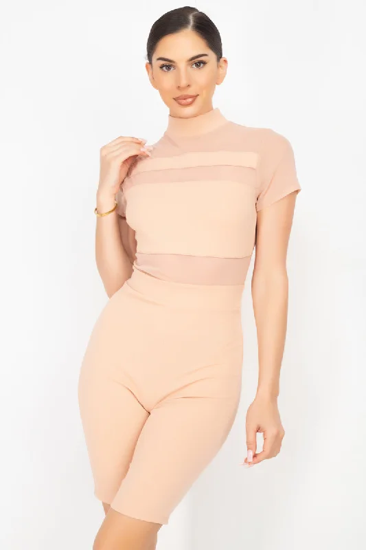Stripe Mesh Mock Neck Biker Romper Lace jumpsuit, Elegant, Sheer fabric, Formal wear Stripe Mesh Mock Neck Biker Romper Lace jumpsuit, Elegant, Sheer fabric, Formal wear