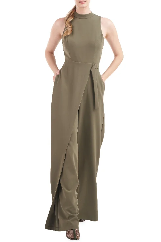 Kay Unger Mockneck Sleeveless Asymmetrical Belted Overlay Wide Leg Stretch Crepe Jumpsuit Street style jumpsuit, Trendy, Casual, Comfortable