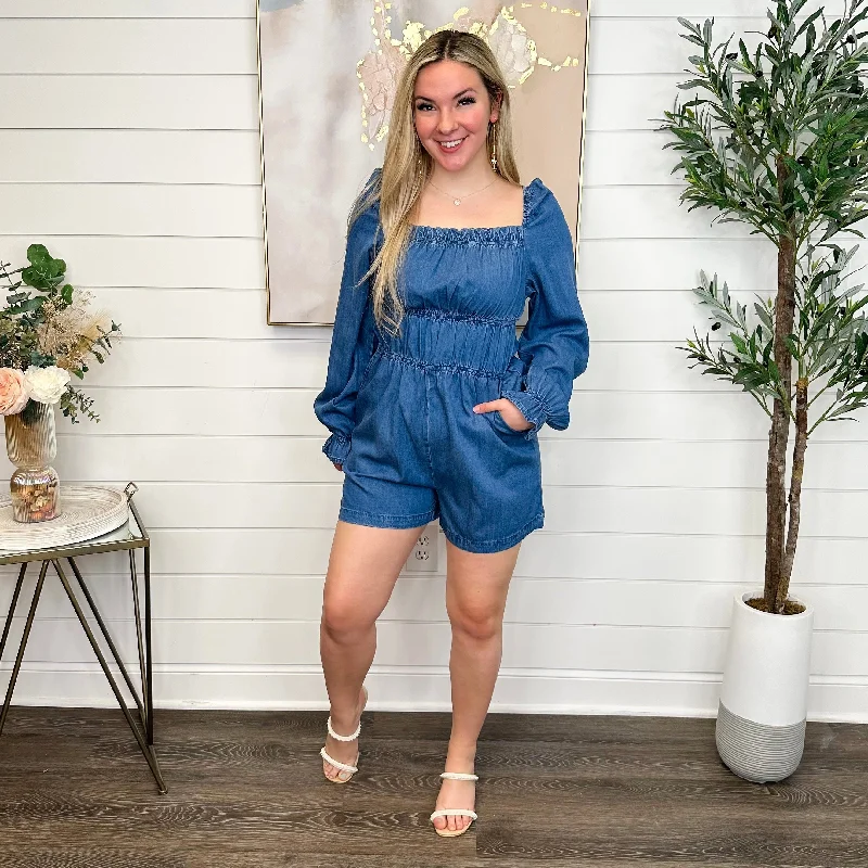 Make Some Calls Cotton Blend Long Sleeve Denim Avery Mae Romper Jumpsuit with pockets, Practical, Comfortable, Casual Make Some Calls Cotton Blend Long Sleeve Denim Avery Mae Romper Jumpsuit with pockets, Practical, Comfortable, Casual