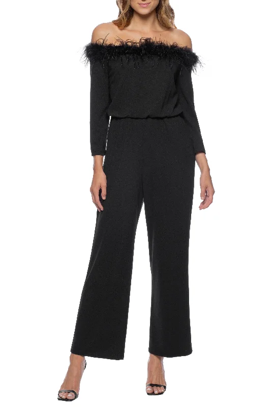 Marina feather detail off shoulder long sleeve zipper back blouson stretch crepe jumpsuit Wide-leg jumpsuit, Loose fit, Chic, Comfortable Marina feather detail off shoulder long sleeve zipper back blouson stretch crepe jumpsuit Wide-leg jumpsuit, Loose fit, Chic, Comfortable