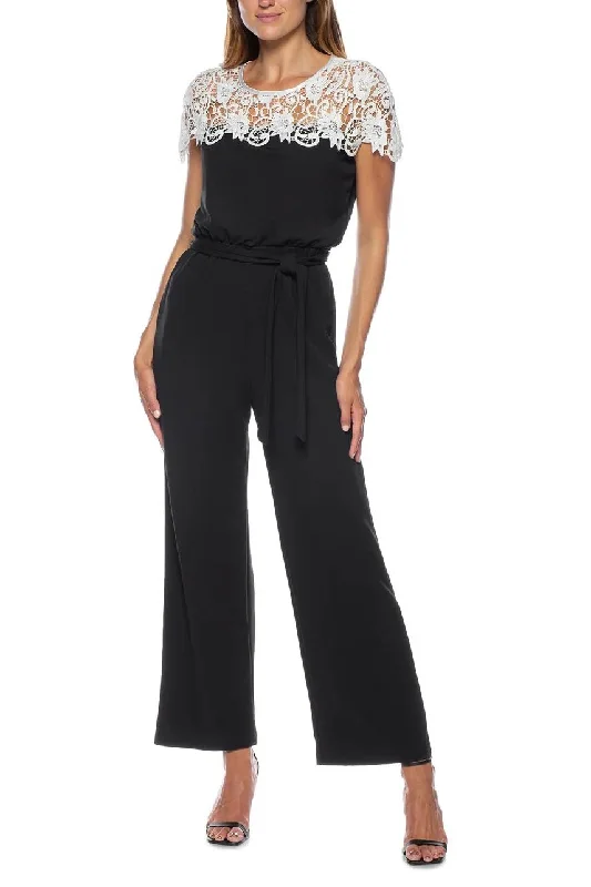 Marina Illusion Boat Lace Neck Elastic Tie Waist Keyhole Zipper Back Stretch Crepe Jumpsuit Printed jumpsuit, Bold design, Summer style, Chic
