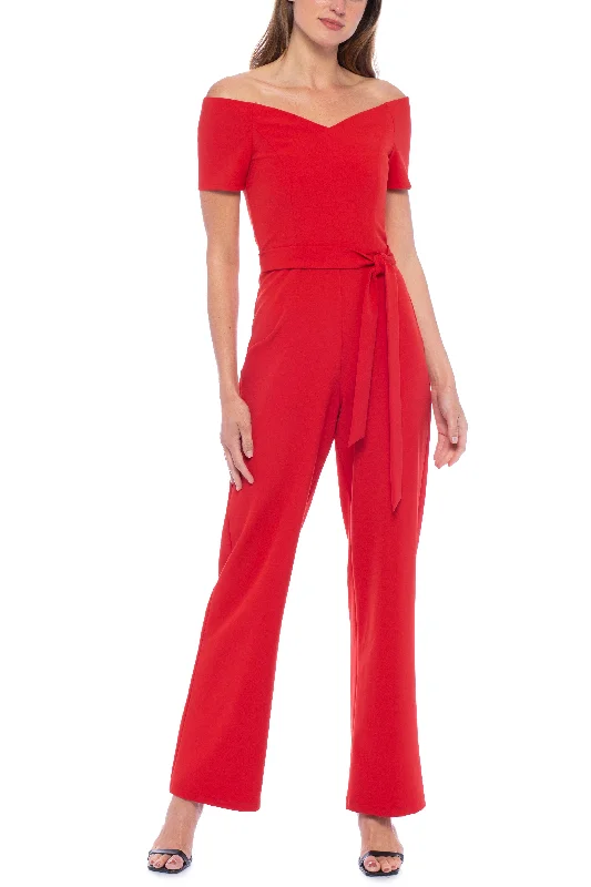 Marina Off-shoulder short sleeve zipper back tie waist solid stretch crepe jumpsuit Ruffle sleeve jumpsuit, Feminine, Elegant, Stylish