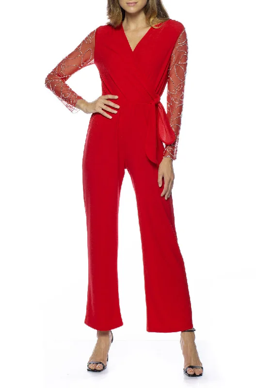 Marina V-Neck Embellished Long Sleeve Elastic Tie Waist Keyhole Back Solid Stretch Crepe Jumpsuit Printed jumpsuit, Floral pattern, Bohemian style, Vibrant
