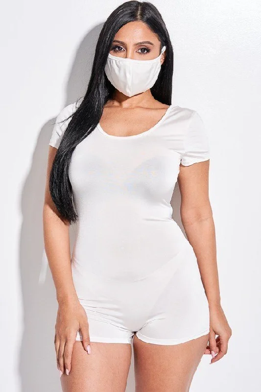 Solid Short Sleeve Scoop Neck Romper And Face Mask 2 Piece Set Sleeveless jumpsuit, High waist, Trendy, Fashionable Solid Short Sleeve Scoop Neck Romper And Face Mask 2 Piece Set Sleeveless jumpsuit, High waist, Trendy, Fashionable