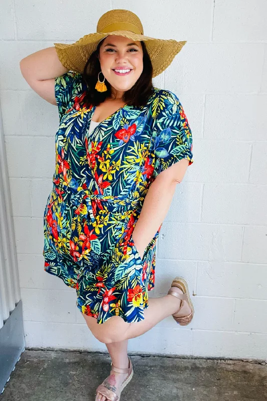 Navy Tropical Floral Surplice Romper Wide leg floral jumpsuit, Feminine, Stylish, Comfortable Navy Tropical Floral Surplice Romper Wide leg floral jumpsuit, Feminine, Stylish, Comfortable