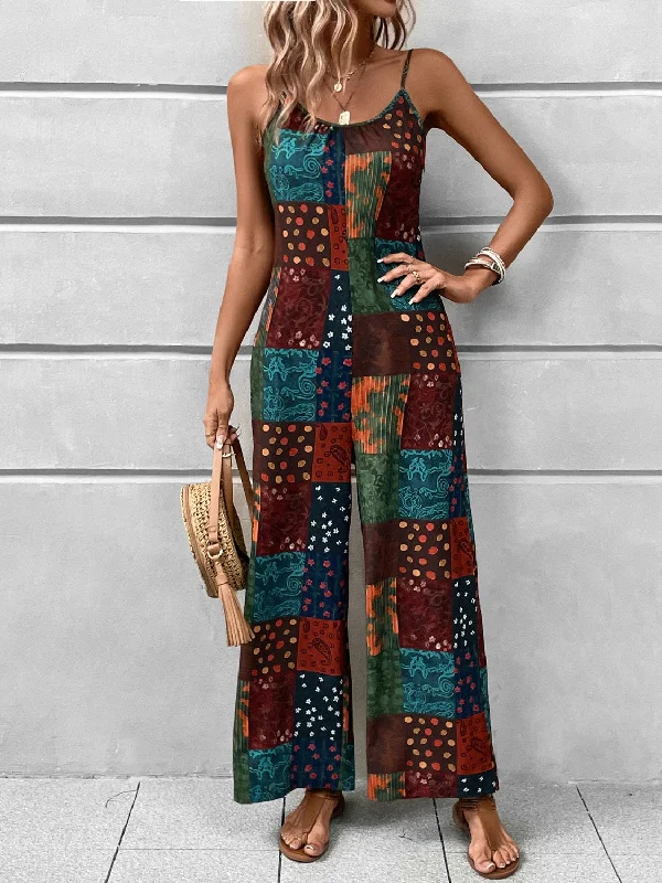 Printed Scoop Neck Spaghetti Strap Jumpsuit Overalls jumpsuit, Casual wear, Relaxed fit, Comfortable Printed Scoop Neck Spaghetti Strap Jumpsuit Overalls jumpsuit, Casual wear, Relaxed fit, Comfortable