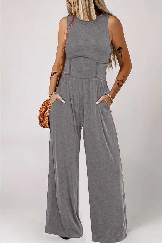 Round Neck Sleeveless Jumpsuit with Pockets Boho chic jumpsuit, Relaxed, Trendy, Comfortable Round Neck Sleeveless Jumpsuit with Pockets Boho chic jumpsuit, Relaxed, Trendy, Comfortable