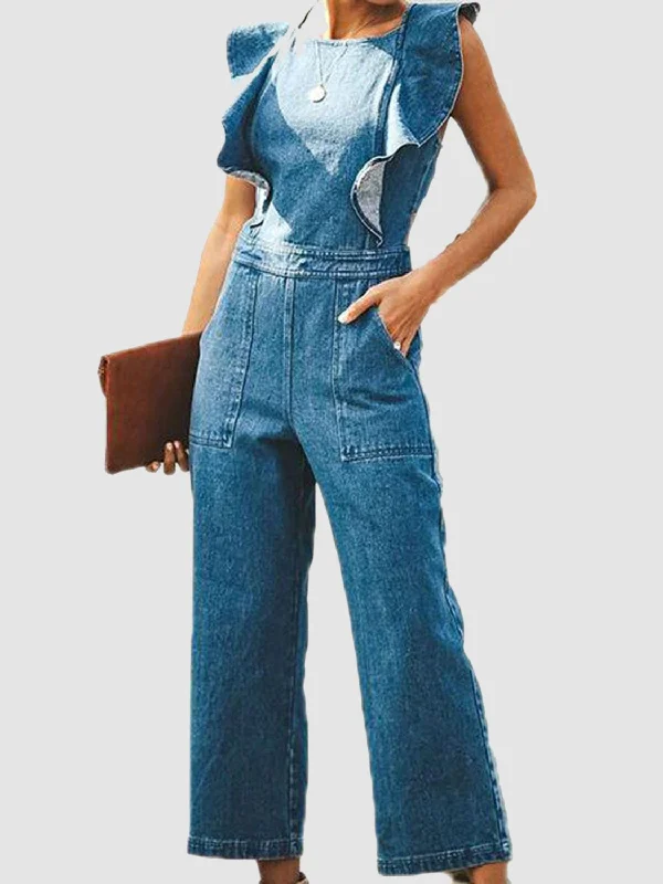 Ruffled Backless Sleeveless Denim Jumpsuit Cold-shoulder jumpsuit, Sexy, Fashionable, Comfortable Ruffled Backless Sleeveless Denim Jumpsuit Cold-shoulder jumpsuit, Sexy, Fashionable, Comfortable