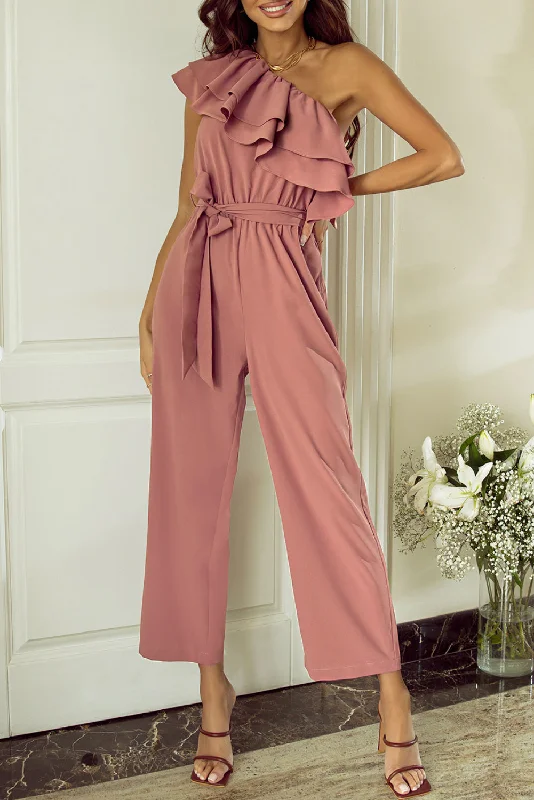 Ruffled Tied One-Shoulder Jumpsuit Satin jumpsuit, Luxurious, Elegant, Nightwear