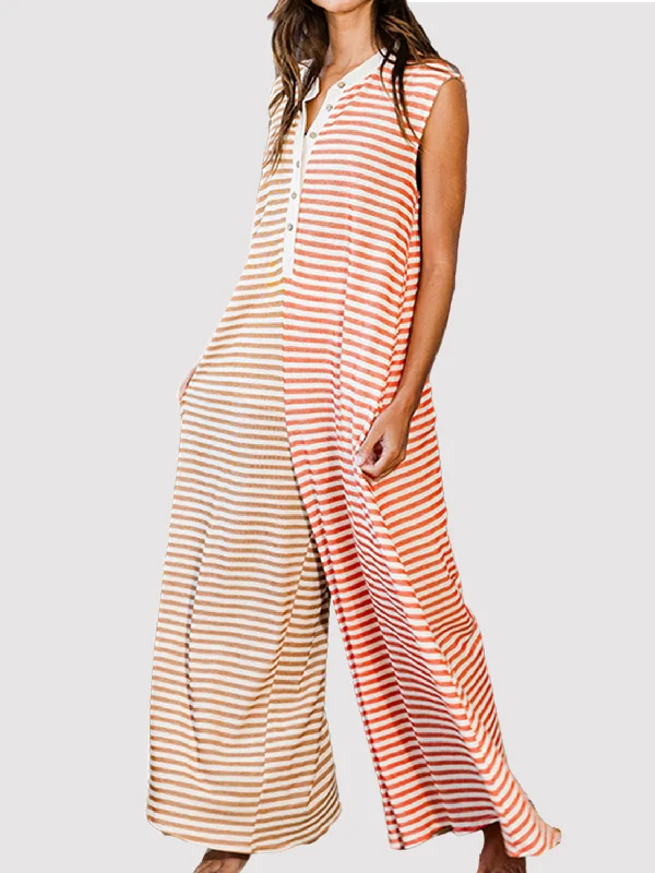 Striped Round Neck Sleeveless Jumpsuit Jumpsuit with pockets, Relaxed fit, Casual wear, Stylish Striped Round Neck Sleeveless Jumpsuit Jumpsuit with pockets, Relaxed fit, Casual wear, Stylish