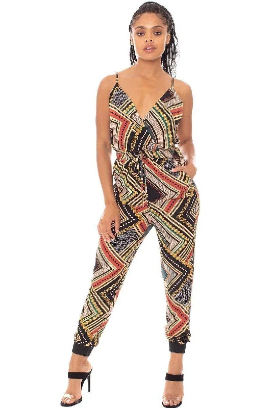 Boarder Print Wrap Drawstring Waist Jumpsuit Zipper front jumpsuit, Casual, Trendy, Comfortable Boarder Print Wrap Drawstring Waist Jumpsuit Zipper front jumpsuit, Casual, Trendy, Comfortable