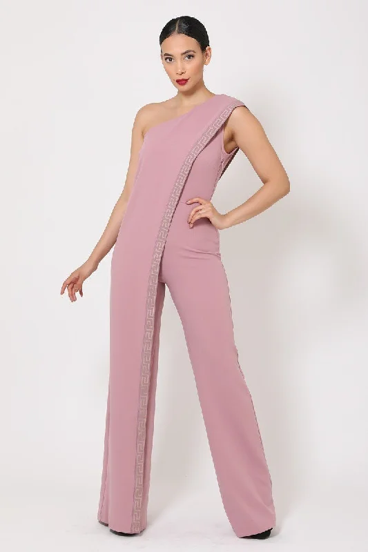 One Shoulder Greek Border Pattern Jumpsuit Zipper jumpsuit, Trendy, Chic, Comfortable