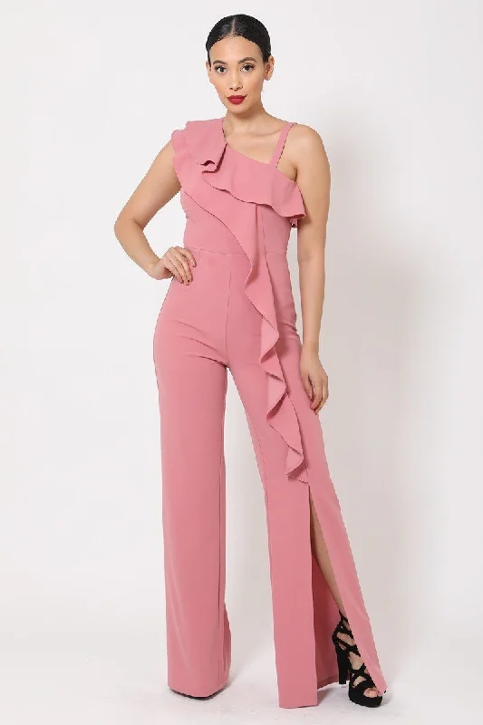 One Shoulder Ruffle Jumpsuit Backless jumpsuit, Sexy, Evening wear, Fashionable