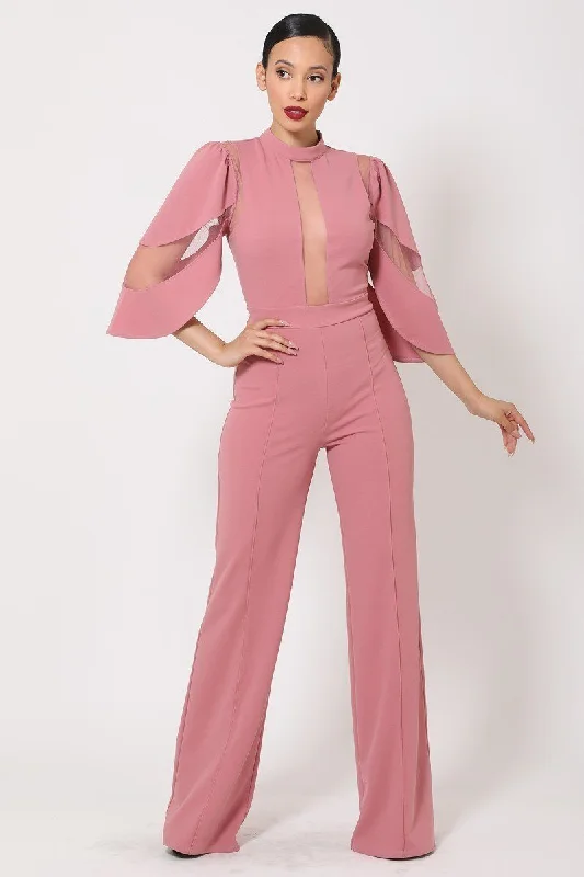 Semi Sheer Mesh Contrast Bodice Jumpsuit Cozy jumpsuit, Casual, Comfortable, Street style Semi Sheer Mesh Contrast Bodice Jumpsuit Cozy jumpsuit, Casual, Comfortable, Street style