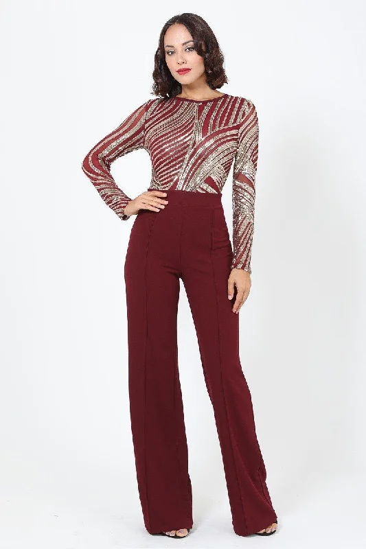 Sophisticated Gold Sequins Bodice Jumpsuit Long sleeve jumpsuit, Cozy, Trendy, Fall wear Sophisticated Gold Sequins Bodice Jumpsuit Long sleeve jumpsuit, Cozy, Trendy, Fall wear