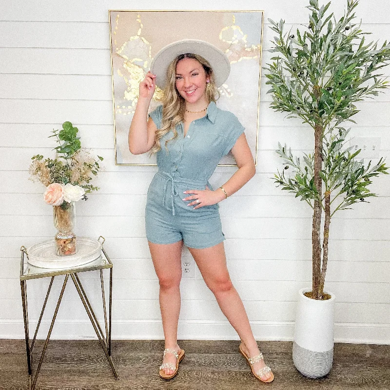 Vanilla Bay Telling Thoughts Cotton Short Sleeve Blue Romper Wrap-around jumpsuit, Elegant, Feminine, Comfortable Vanilla Bay Telling Thoughts Cotton Short Sleeve Blue Romper Wrap-around jumpsuit, Elegant, Feminine, Comfortable