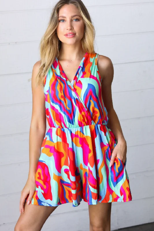 Vibrant Multicolor Abstract Sleeveless Surplice Romper Sequin jumpsuit, Glamorous, Party attire, Trendy Vibrant Multicolor Abstract Sleeveless Surplice Romper Sequin jumpsuit, Glamorous, Party attire, Trendy